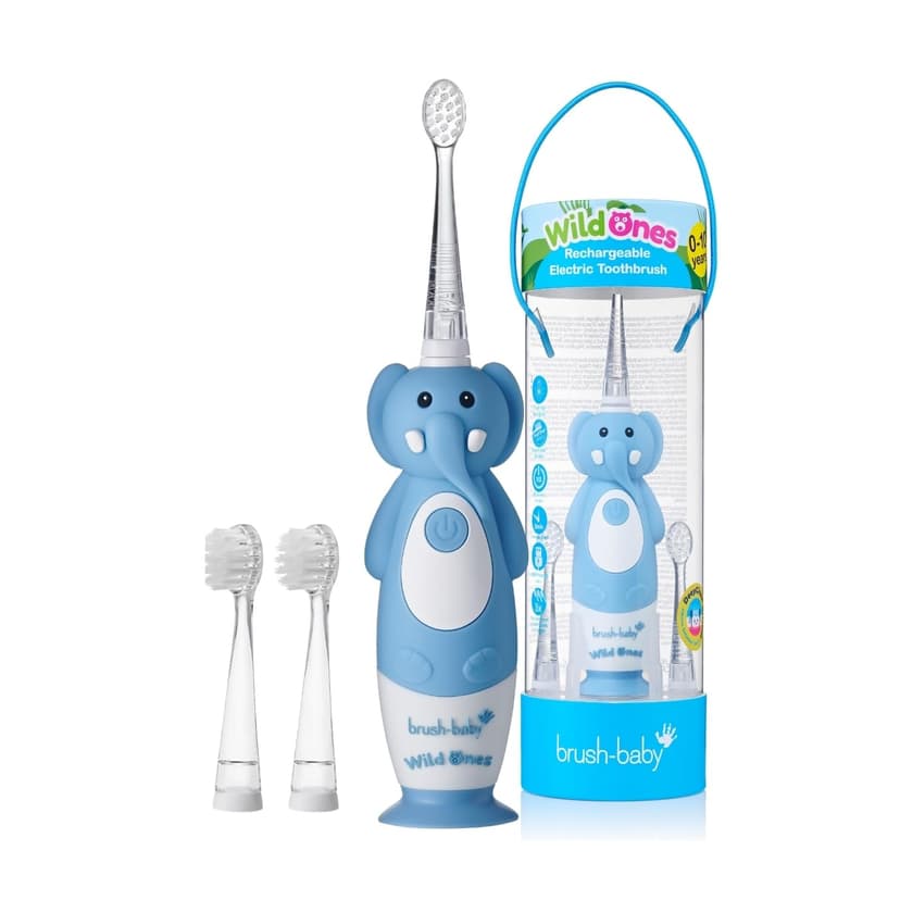 brush-baby WildOnes Kids Electric Rechargeable Toothbrush Elephant, 1 Handle, 3 Brush Heads, USB Charging Cable, for Ages 0-10 (Elephant)