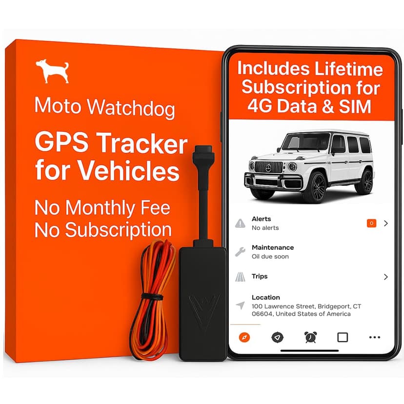 Wired GPS Tracker for Vehicles, No Subscription with Real-Time Location, Easy Install, Speeding Monitoring, Route History, Geofence, for Fleets & Families, USA, Moto Watchdog