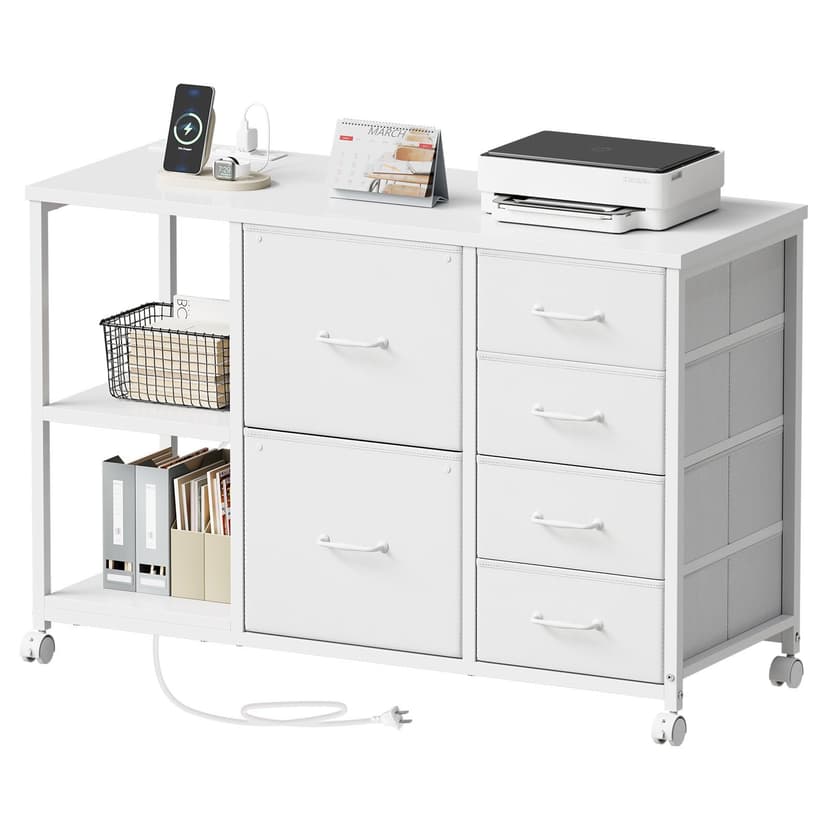 Maihail 6 Drawer File Cabinet with Charging Station Rolling Printer Stand with Open Storage Shelf Fabric Lateral Filing Cabinet for Home Office,White