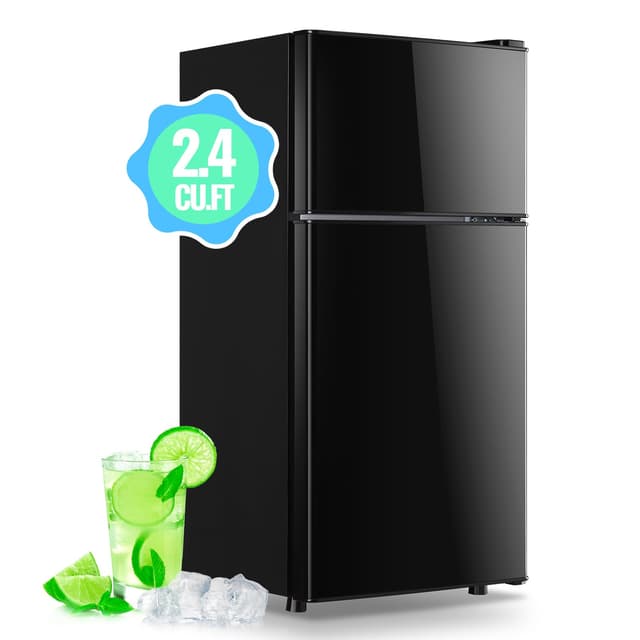 DEMULLER 2.4 Cu.Ft Mini Fridge with Freezer & Double Door Small Tiny Size Refrigerator with 7 Temperature Control Knob Only Suitable for One Person Use Black