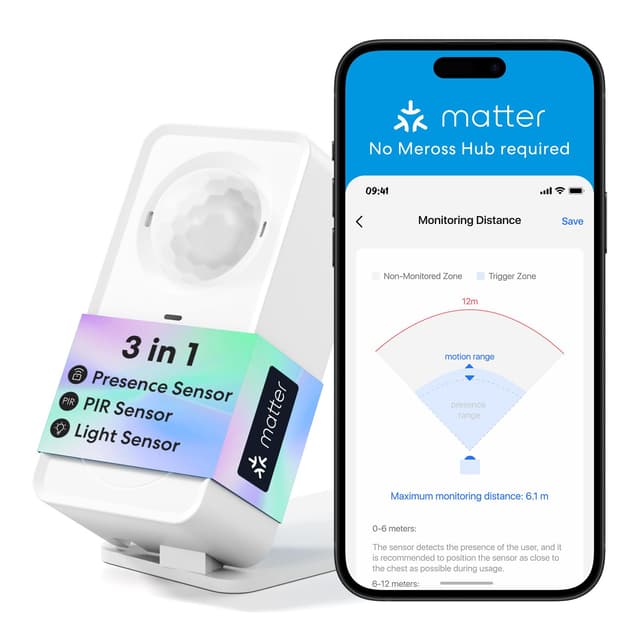 meross Matter Human Presence Sensor, 3-in-1 PIR & Light & mmWave Radar Motion Sensor, AI Motion Detector for Matter Smart Home Automation, Supports HomeKit, Alexa, Google, Home Assistant, 2.4GHz Wi-Fi