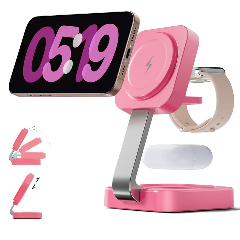 2026 Traveling Wireless Magnetic Fast Charging Station,3 in 1 Charger with i Phone 17 16 15 14 13 12 Pro Max Plus,Apple Watch Series & Air pod 4 3 2 Pro-Gifts for Wife & Husband(Rose Red)