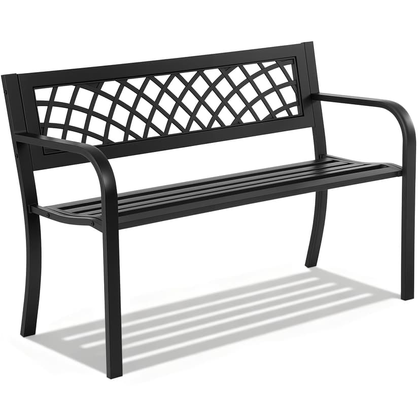 Garden Bench,Outdoor Benches,Iron Steel Frame Patio Bench with Mesh Pattern and Plastic Backrest Armrests for Lawn Yard Porch Work Entryway,Black