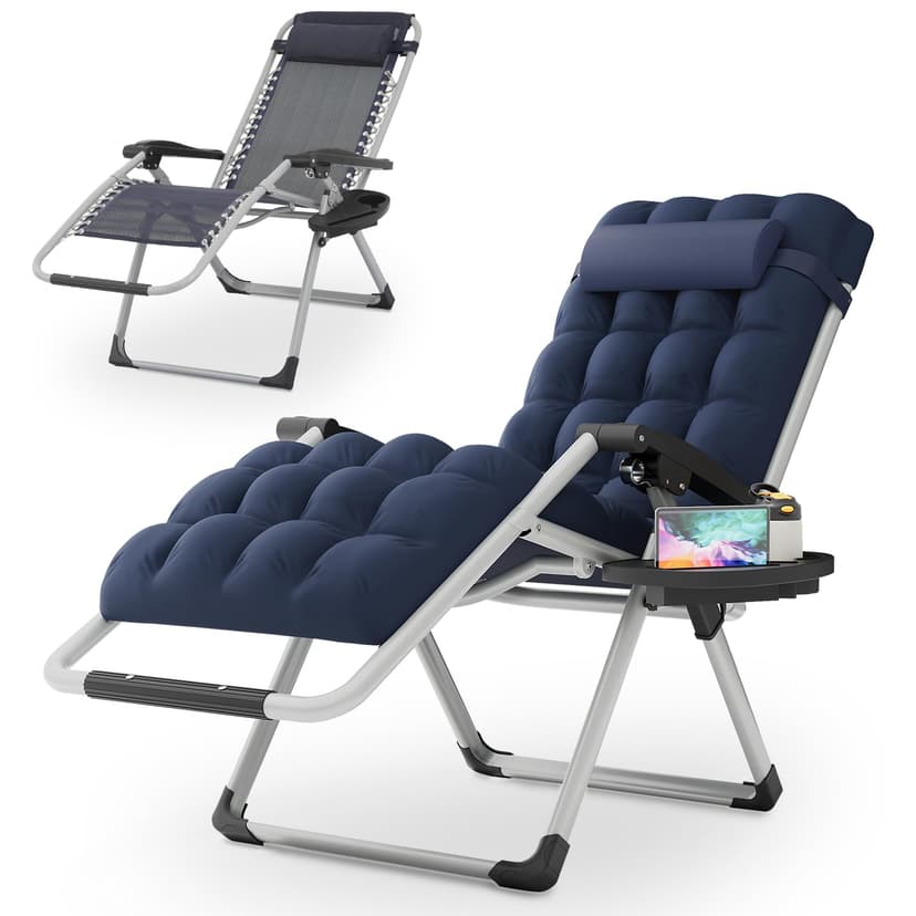 Magshion Zero Gravity Chair with Cushion, Reclining Outdoor Patio Lounge Chair, Folding Indoor Anti Gravity Recliner, Portable Lounger with Removable Cup Holder Side Tray and Pillow Headrest (Blue)