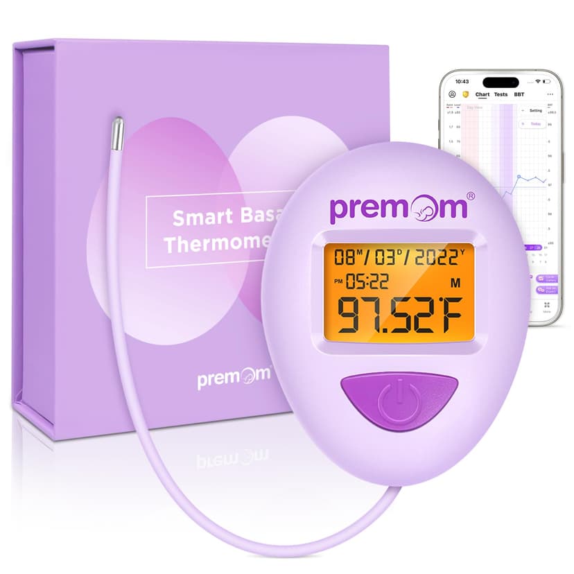 Premom Smart Basal Body Thermometer for Ovulation: Long-Tip for Hands-Free, Digital Ovulation Tracker with 1/100th Degree High Precision, Backlight & 60 Memory | Premom App Supported | EBT-380