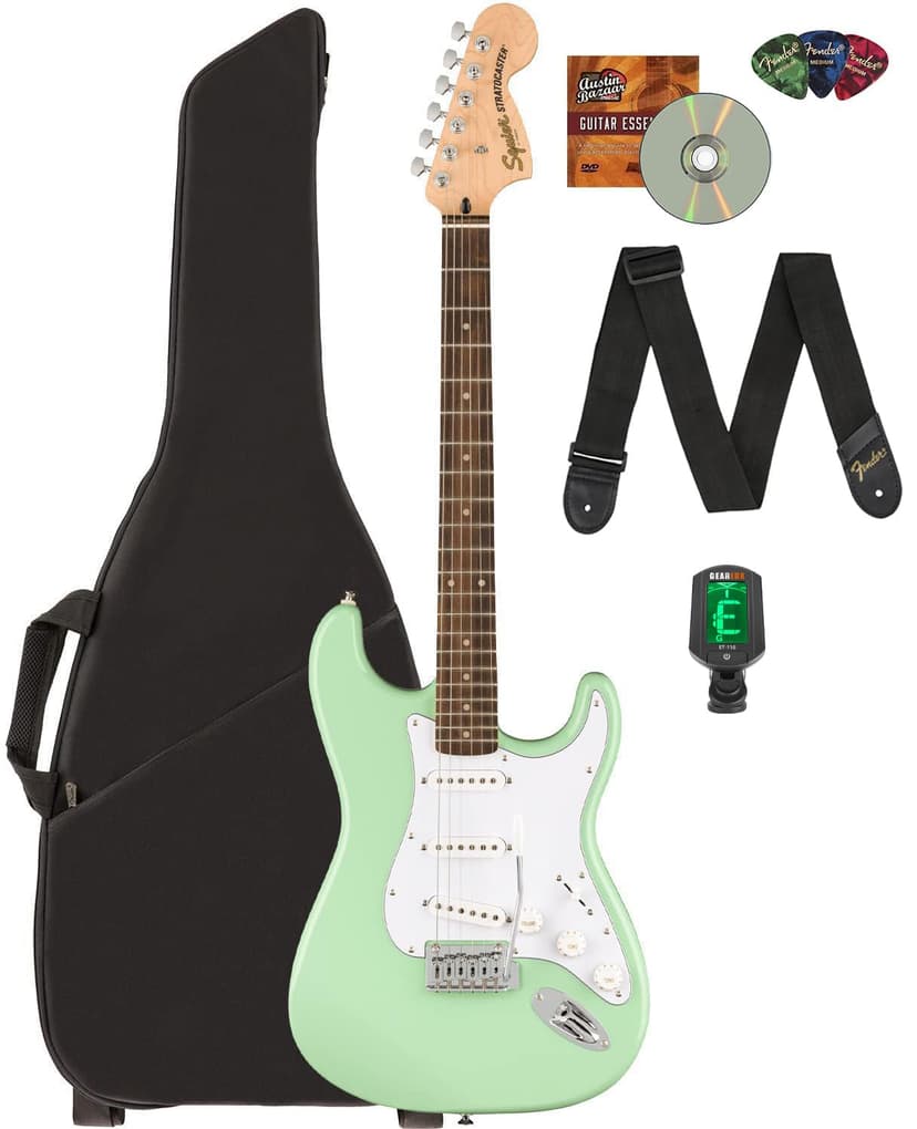 Fender Squier Affinity Stratocaster Limited Edition - Surf Green Bundle with Gig Bag, Tuner, Strap, Picks, and Austin Bazaar Instructional Video