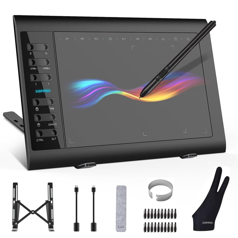 XOPPOX Graphics Drawing Tablet, 10×6 Inch Large Active Area with Battery-Free Stylus, 8192 Levels of Pen Pressure and 12 Hot Keys, Compatible with PC/Mac/Android for Painting, Design & Online Teaching