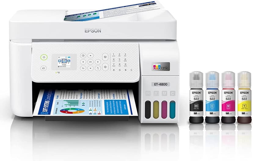 Epson EcoTank ET-4800 Wireless All-in-One Supertank Color Inkjet Printer, White - Print Copy Scan Fax - 10.0 ppm, 5760 x 1440 dpi, 8.5" x 14", 30-Sheet ADF, Ethernet