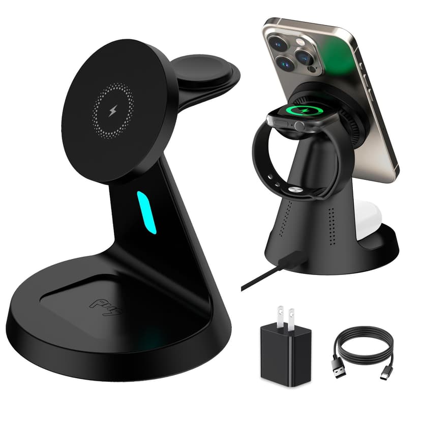 Wireless Charger Compatible with Mag-Safe,3 in 1 Charging Station for iPhone17/16/15/14/13/12 Series, Apple Watch,AirPods,15W Fast Charging (USB-C Adapter Included)