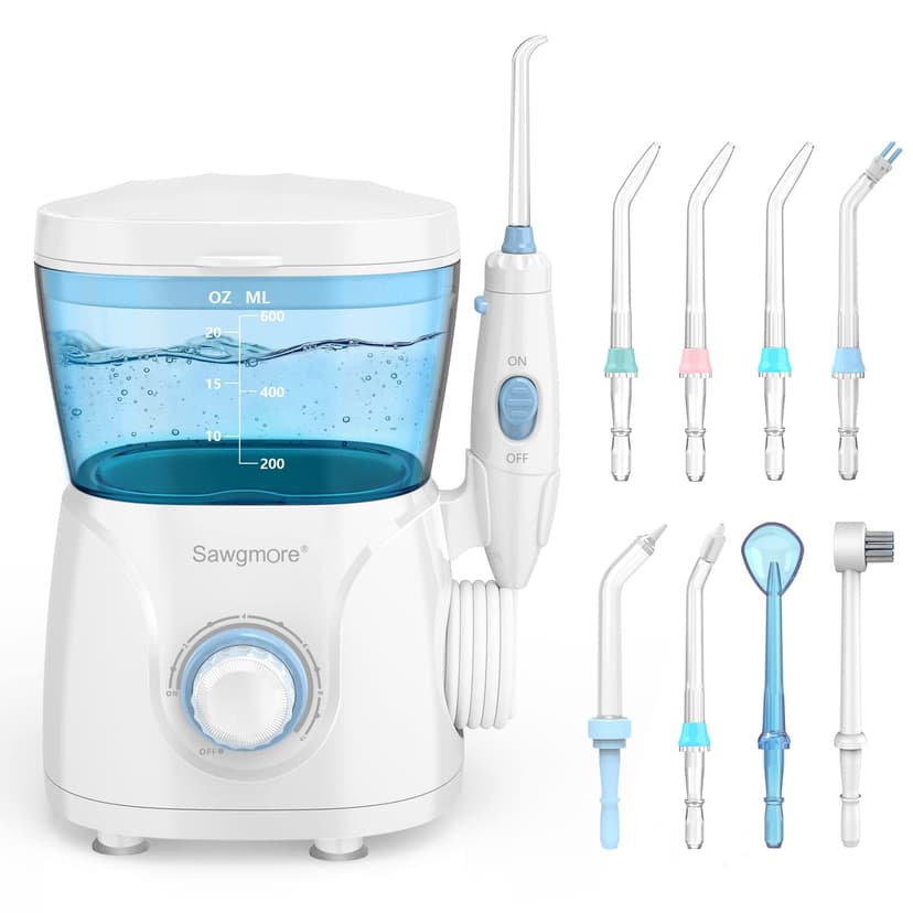 Sawgmore Water Flosser Oral Irrigator, 600 ml Large Capacity, 10 Adjustable Pressures, Electric Flosser for Teeth/Braces, 8 Home Nozzles Oral Irrigator(White)