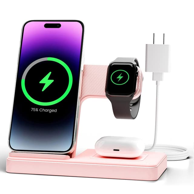 Wireless Charger Stand Charging Station: 3 in 1 Charger Stand Multiple Devices for Apple - iPhone 17 16e 16 15 14 Pro Max 13 12 - Watch 11 10 9 8 7 6 5 4 3 2 SE and Ultra Series-Airpods 4 3 Pro, Pink