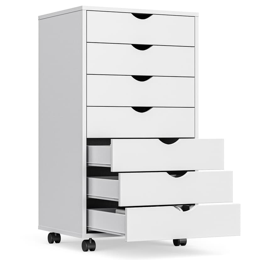 OLIXIS 7 Drawer Mobile File Cabinet Under Desk Storage Organization with Wheels Vertical Filing Chest Rolling Wood Small Desk Printer Stand for Home Office, 15.75"D x 18.74"W x 34.25"H, White