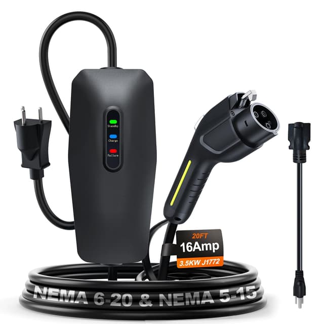 Level 1&2 EV Charger 2026 Upgraded 16A 3.5KW - 20FT Cable & Dual NEMA Adapter (5-15/6-20) - 110V-240V Portable Electric Car Charger for All SAE J1772 EVs