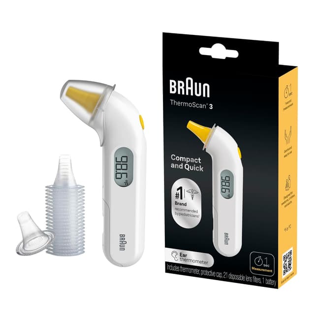 Braun ThermoScan 3 Ear Thermometer, Fast 1 Second Measurement, Audio Fever Indicator, Digital Display, Baby and Infant Friendly, No. 1 Brand Recommended by Pediatricians