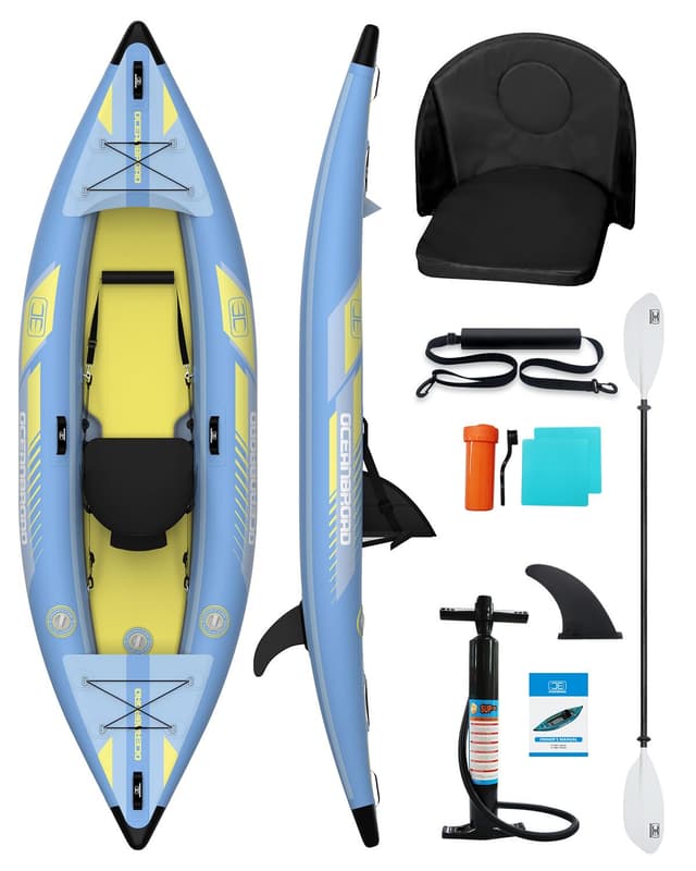 OCEANBROAD V1-320 Inflatable Sit-in Kayak(NO HIN) for Adults with Paddle, Kayak Seat, Pedal, Hand Pump and Bag, 3.2m/10ft 1-Person Kayak, Sky Blue