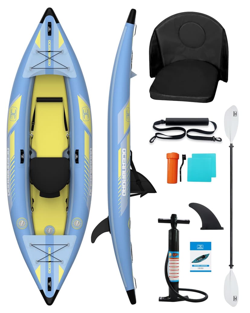 OCEANBROAD V1-320 Inflatable Sit-in Kayak(NO HIN) for Adults with Paddle, Kayak Seat, Pedal, Hand Pump and Bag, 3.2m/10ft 1-Person Kayak, Sky Blue