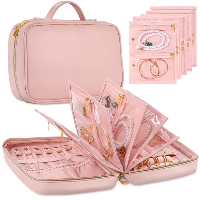 KPWEPK Leather Travel Jewelry Case Organizer,Jewelry Storage Book Binder with Clear Zipper Pouch & Lining-Portable Jewelry Bag for Earrings,Rings,Necklaces,Bracelets (Pink)
