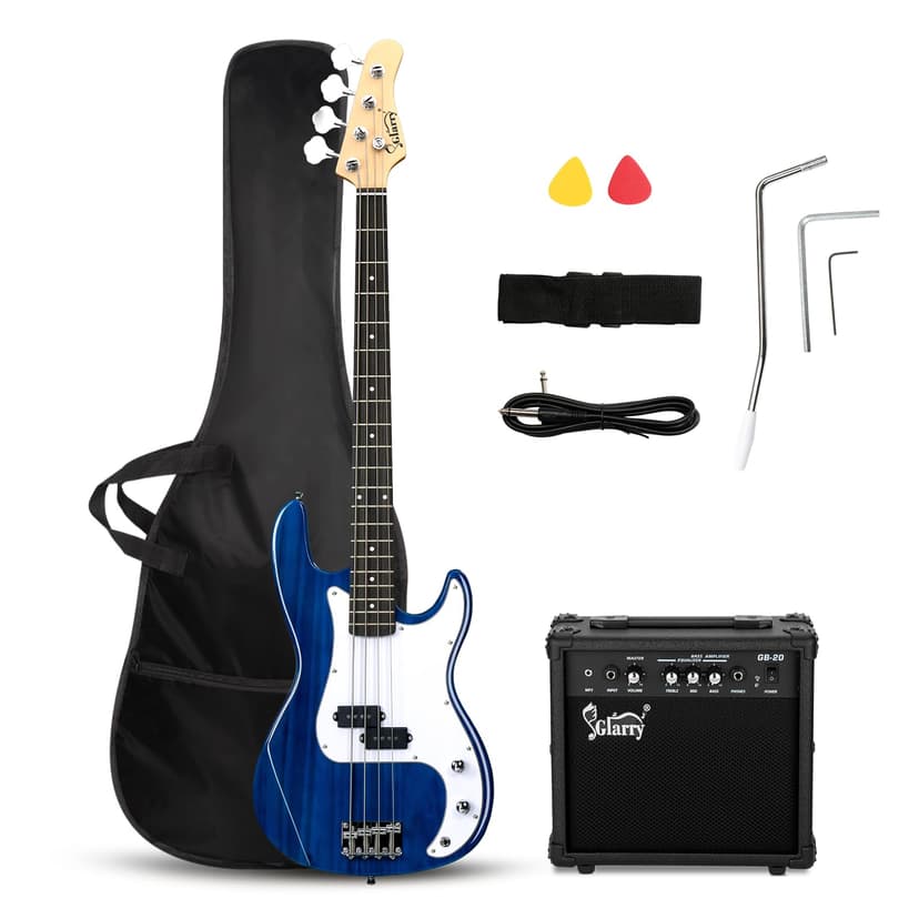GLARRY Full Size Electric Bass Guitar Beginner Kit 4 String Exquisite Basswood Bass with 20W AMP, Cable, Strap, Bag and Accessories (Transparent Blue, 39"Right Handed)
