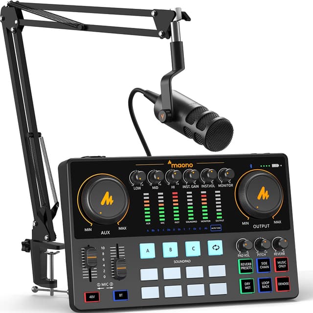 MAONO Podcast Equipment Bundle 10 Channel Audio Interface and XLR Dynamic Microphone MaonoCaster with Pro-preamp, 48V, Bluetooth for Podcast, Streaming, TikTok, Youtube, PC, Smartphone (AME2C Pro)