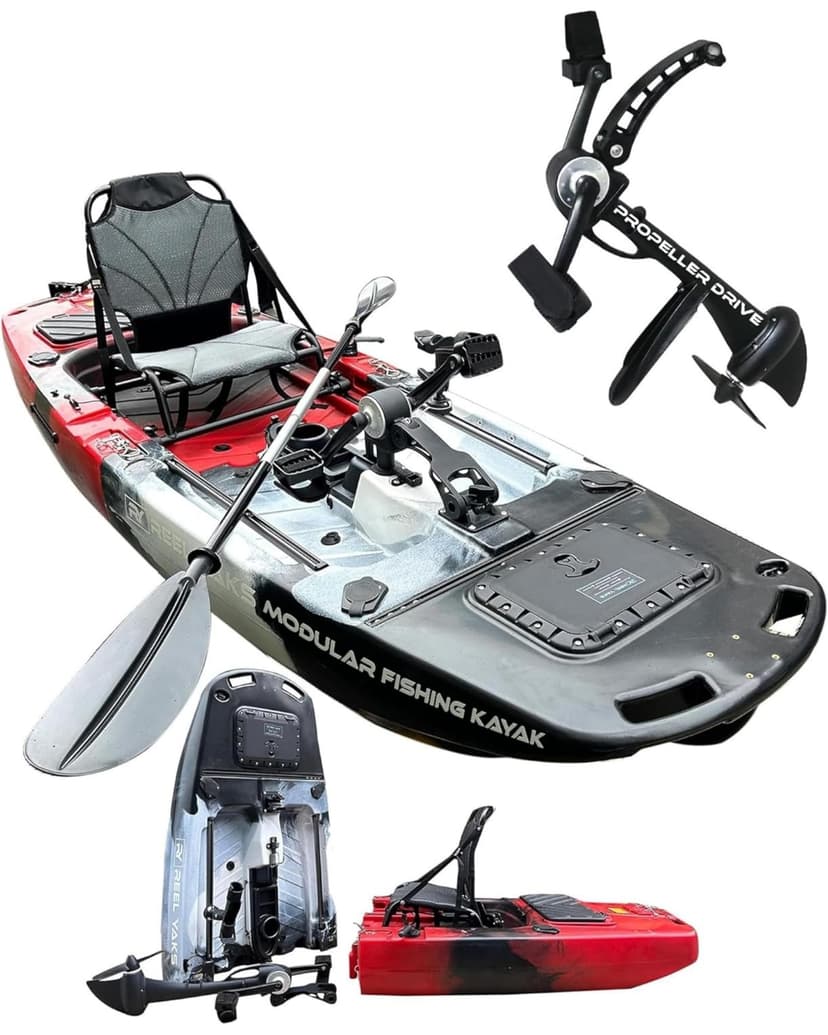 Reel Yaks Raider Modular Fishing Kayak - Propeller Drive, 9.5ft, 380 lbs Capacity, Black White Red - Pedal Fishing Kayaks for Adults & Youth, Sit on Top, Compact Storage, Lightweight, Easy Transport
