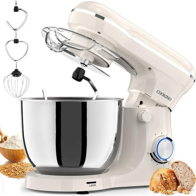 COOKINO Electric Stand Mixer,10 Speeds Tilt-Head Food Mixer, 3-IN-1 Kitchen Mixer for Daily Cooks with Dishwasher-Safe 6.5 QT Bowl,Dough Hook, Beater, Whisk (Almond Cream)