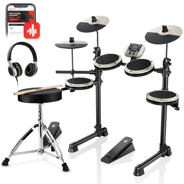 Donner DED-80 Electric Drum Kit with 4 Quiet Mesh Pads, 180+ Sounds, 30 Demo Songs, 10" Cymbals, 2 Pedals, Throne, Headphones, Sticks, USB MIDI, Melodics Lessons, White