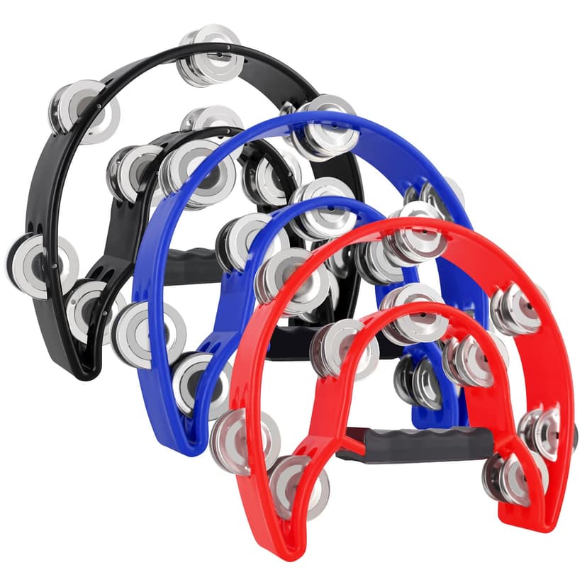 EASTROCK 3 Pack Double Row Tambourine Metal Jingles Hand Held Percussion Half Moon Tambourine for Kids, Adults, KTV, Party (Black, Blue, Red)