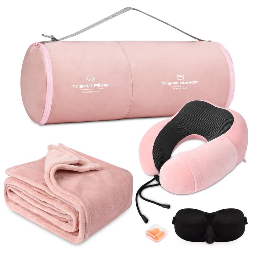 urnexttour Travel Pillow and Blanket Set Neck Pillows Travel Essentials with Sleep Mask for Airplane Car Memory Foam Pink