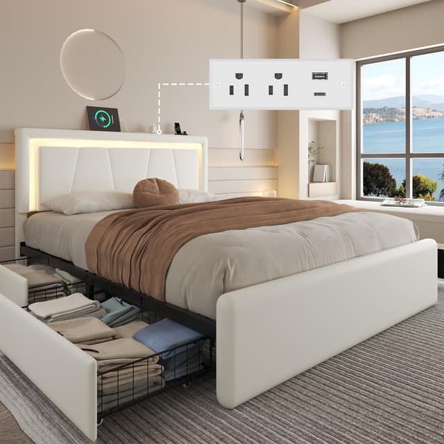 LoVinson Full Size Bed Frame with 4 Storage Drawers, Charging Station and LED Light, Adjustable Upholstered Headboard, Noise-Free, No Box Spring Needed, Easy Assembly, White