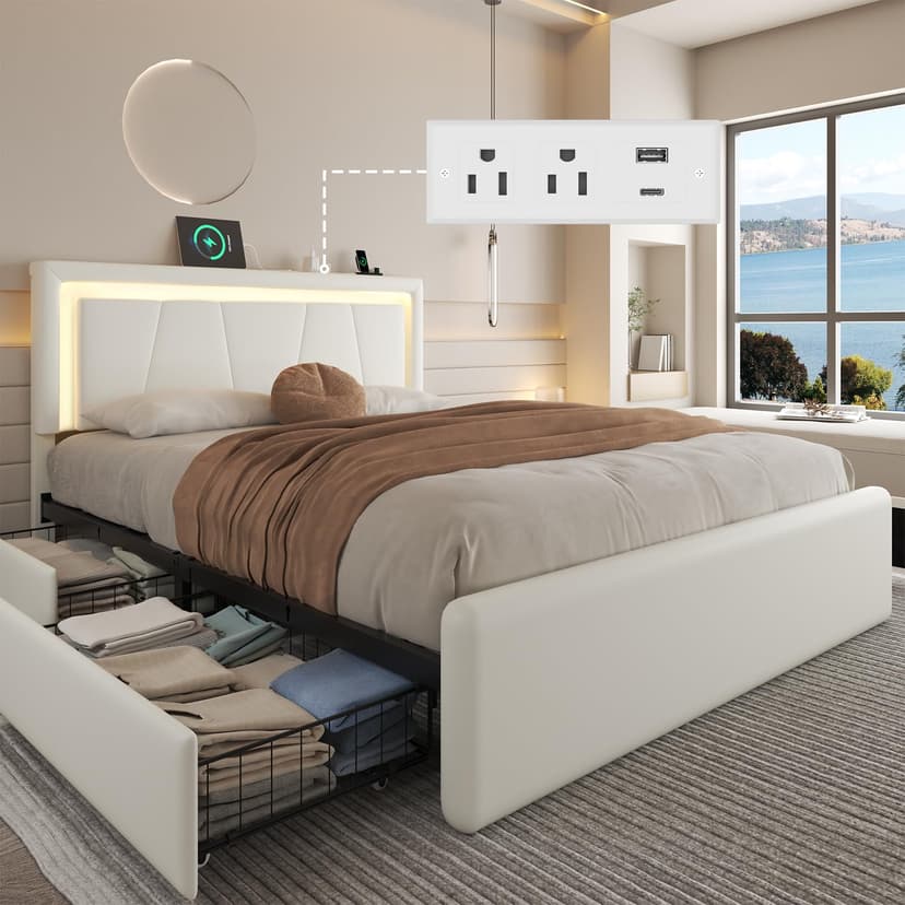 LoVinson Full Size Bed Frame with 4 Storage Drawers, Charging Station and LED Light, Adjustable Upholstered Headboard, Noise-Free, No Box Spring Needed, Easy Assembly, White