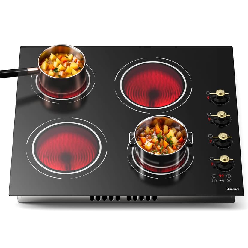 Disaenvir 24 Inch Electric Cooktop - 4 Burner Drop-in(22.05"x19.3") Ceramic Stove Top 6000W, 220V Electric Stove, 9 Power Level, Pause, Safety Lock, Touch & Knob Control, 240V Hard Wired (No Plug)