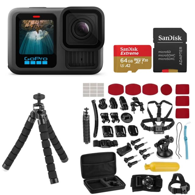 GoPro HERO13 Black - Waterproof Action Camera with 5.3K60 Video, 27MP Photo, Bundle with Froggi Extreme Sport 47-pc Accessories Kit, 64GB microSD Card (HERO13 Black)