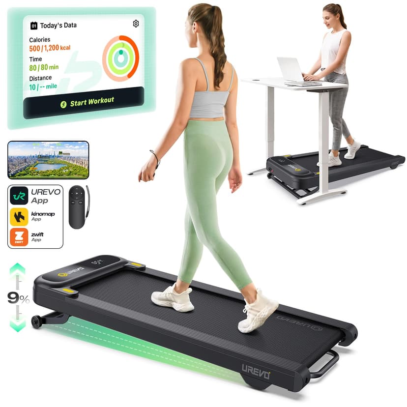 Smart Treadmill with 9% Auto Incline, Hiking and Running Walking Pad Treadmills for Home Office, Treadmill with UREVO APP, AI Powered Music Course, HIIT Programs Synced to Scenic Route, One-Click Mute