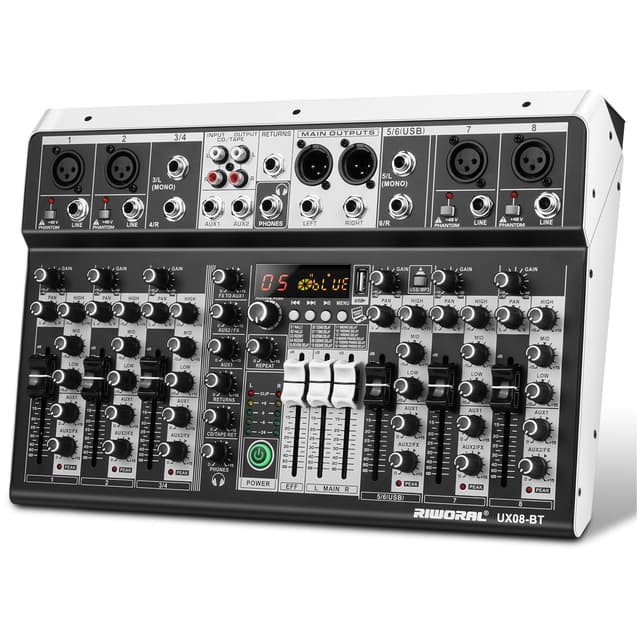 8 Channel Audio Mixer DJ Mixer Sound Board Console 16 Dsp USB Audio Interface MP3 Input +48V Phantom Bluetooth Studio Mixer Audio For Karaoke Streaming Recording