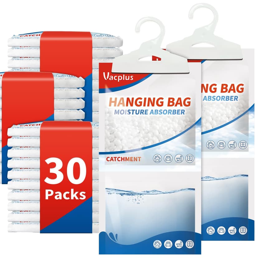 Vacplus Moisture Absorbers Packets, Fragrance Free 30 Pack, Humidity Packs, Dessicant Packets, Hanging Closet Dehumidifier Bags, Odor Eliminator for Bathroom 9.8OZ