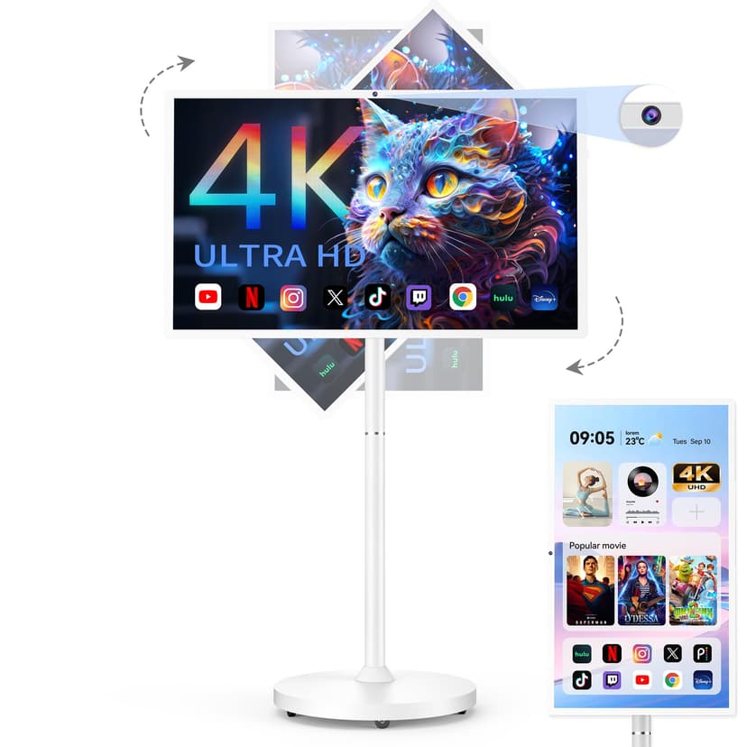 Bisprico 32 Inch UHD 4K Portable Smart TV on Wheels, Qualcomm Snapdragon 710 CPU, Built-in 8-10H Battery, 8+128GB, Android 14 OS Touch Screen Monitor, 8MP Camera, Full Swivel Rotation, Remote Control