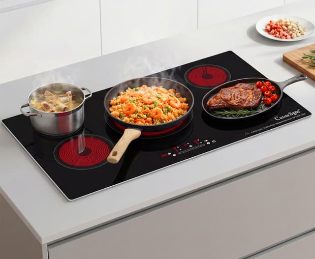 36 Inch Electric Cooktop 5 Burner, Built-In Ceramic Glass Cooktop 220-240V Hardwired, 9200W Radiant Electric Stove Top with Touch Control, 9 Heat Levels, Timer, Safety Lock, Works with All Cookware