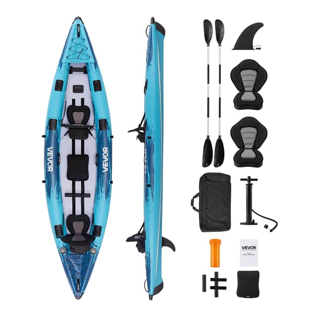 VEVOR 2-Person Inflatable Kayak, 14'4" x 3'7" – Extra Spacious for Family & Dogs, 700-lb Capacity Sit-in Kayak with Accessories, Includes 2 Paddles, Pump & Carry Bag – Perfect for Fishing and Touring