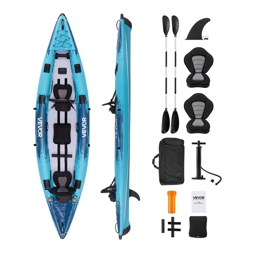 VEVOR 2-Person Inflatable Kayak, 14'4" x 3'7" – Extra Spacious for Family & Dogs, 700-lb Capacity Sit-in Kayak with Accessories, Includes 2 Paddles, Pump & Carry Bag – Perfect for Fishing and Touring