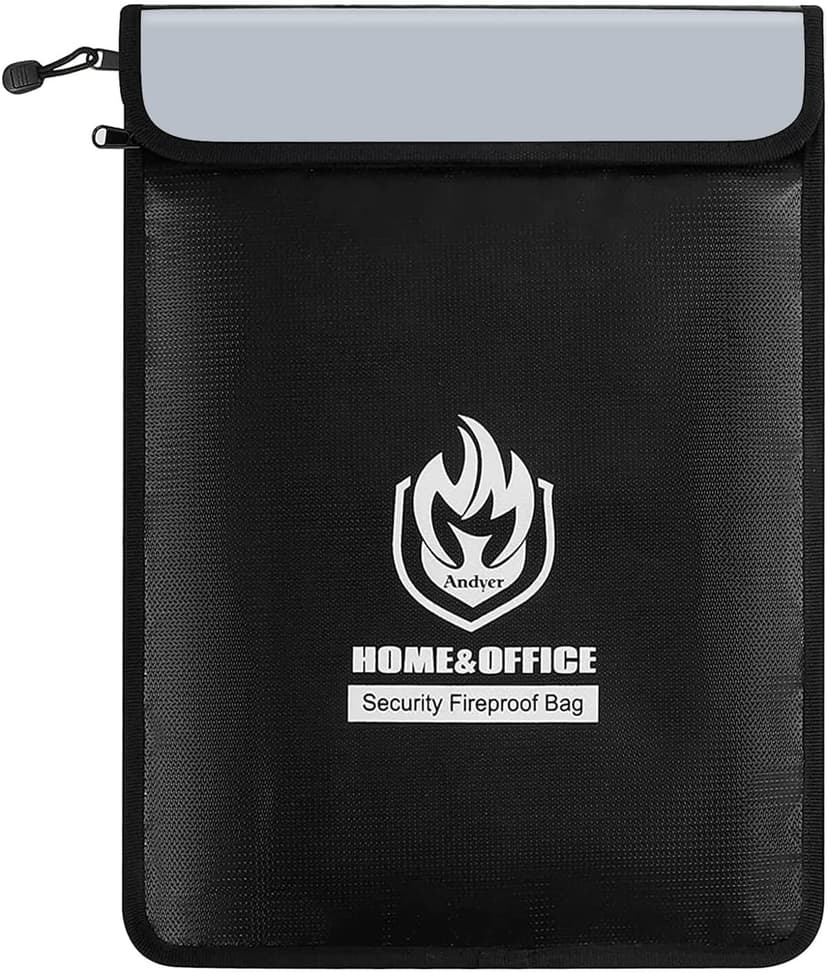 Upgraded Two Pockets Fireproof Document Bag (2000℉), andyer 15”x 11”Waterproof Fireproof Money Bag with Zipper, Waterproof Holder Pouch Fire Safe Envelope for Valuables, Legal Documents (Jet Black)