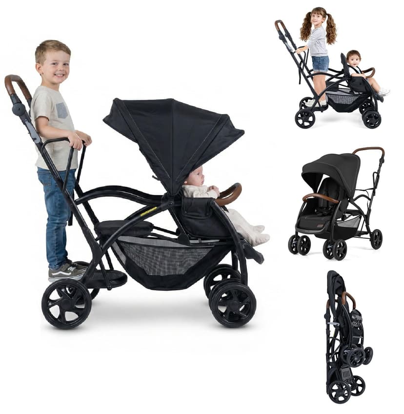 INFANS Sit and Stand Double Stroller, Foldable Tandem with Standing Platform Reclining Backrest, Adjustable Handlebar and Footrest, Storage Basket 5-Point Harnesses, Baby Pushchair for Toddlers
