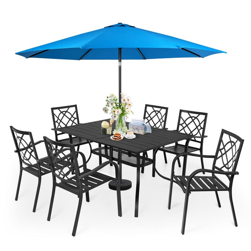 SUNCROWN 7-Piece Outdoor Wrought Iron Chairs and Table Patio Dining Furniture Set - 6 Stackable Metal Chairs, 1 Steel Slat Bistro Table and 1 Sky Blue 9Ft Patio Umbrella for Garden Backyard Deck