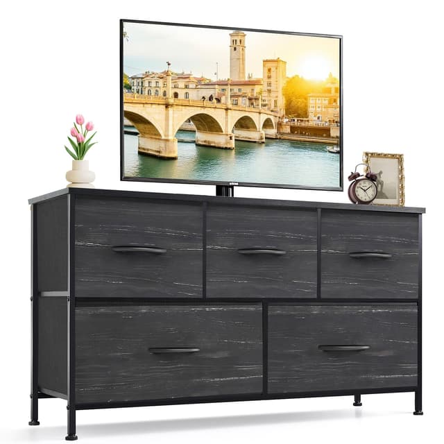 5-Drawer Dresser for Bedroom, Anti-Tip Wide Storage Organizer Fabric Chest of Drawers TV Stand for 45" TV with Wooden Top and Metal Frame for Closet, Living Room, Hallway, Entryway, Charcoal Black