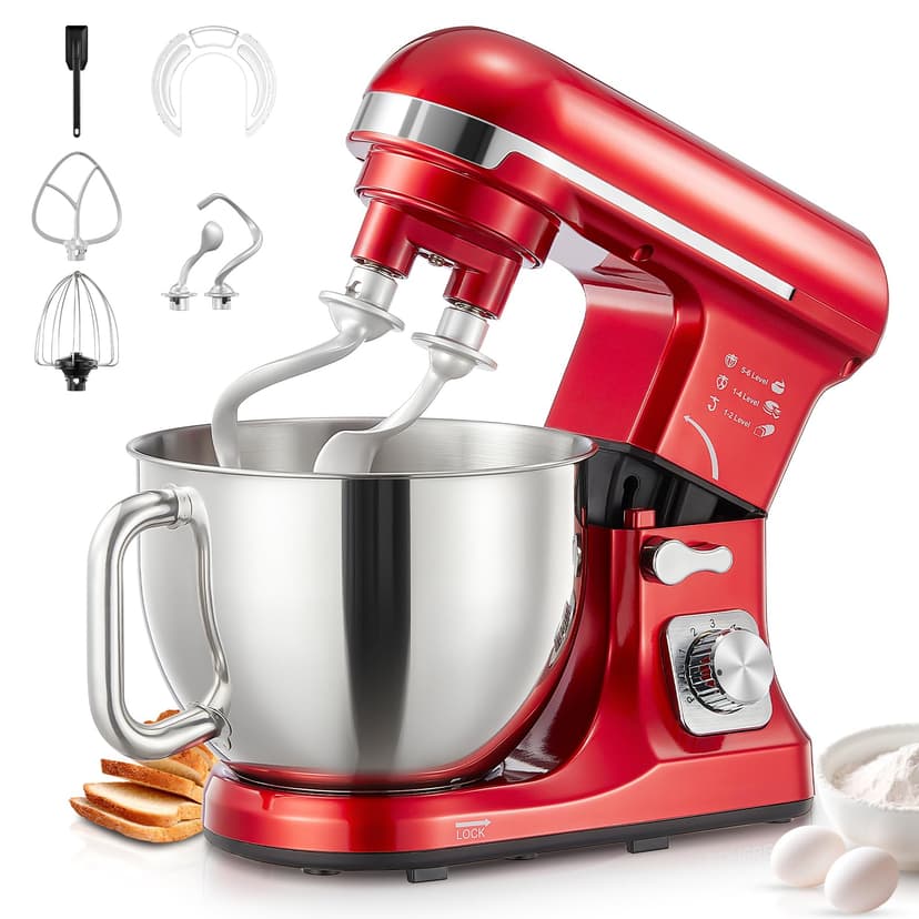 Stand Mixer Fohere, With Double Dough Hook, Wire Whip & Beater Mixers Kitchen Electric Stand Mixer, 5.5QT, 6+P Speed Tilt-head Standing Mixer, Kitchen Mixer with Bowl & Splash Guard, Red