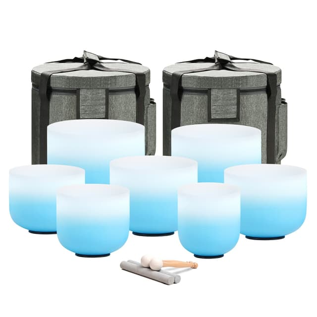 CVNC 432HZ 6-12 Inch Azure Blue Color Aria Gradient Design Frosted Quartz Crystal Singing Bowls Chakra Set of 7 with Carry Case Bags for Sound Healing and Meditation