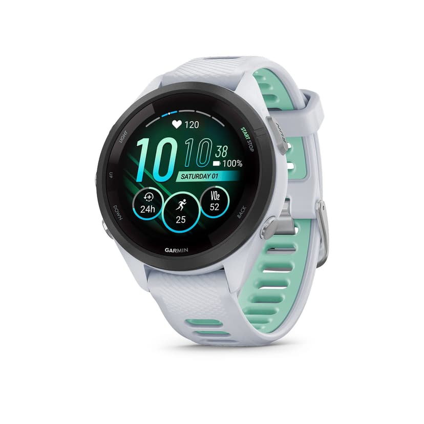 Garmin Forerunner 265S Running Smartwatch, Colorful AMOLED Display, Training Metrics and Recovery Insights, Whitestone and Neo Tropic
