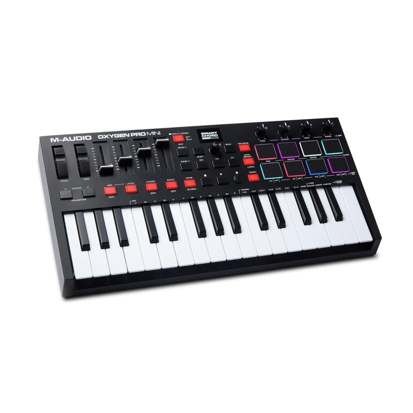 M-AUDIO Oxygen Pro Mini 32-Key USB MIDI Keyboard Controller for MacOS and WinOS, with Beat Pads, Assignable Knobs and Faders, and Native Instruments Sound Pack (NKS Integration)