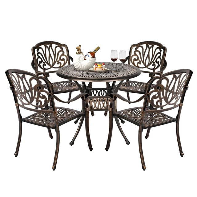 VINGLI 5 Pieces Outdoor Patio Dining Set, Cast Aluminium Patio Furniture Set with 4 Chairs and 1 Umbrella Table for Yard, Garden, Porch and Poolside, Bronze