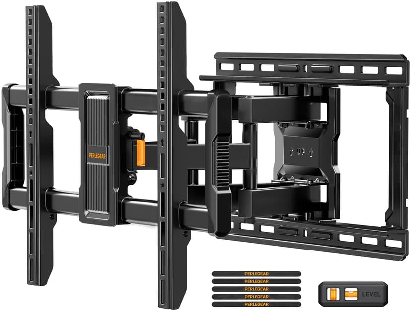 Perlegear UL-Listed Full Motion TV Wall Mount for 42–97 Inch Flat Curved TVs up to 132 lbs, 12″/16″ Wood Studs, TV Mount Bracket with Tool-Free Tilt, Swivel, Extension, Max VESA 600 x 400mm, PGLF15