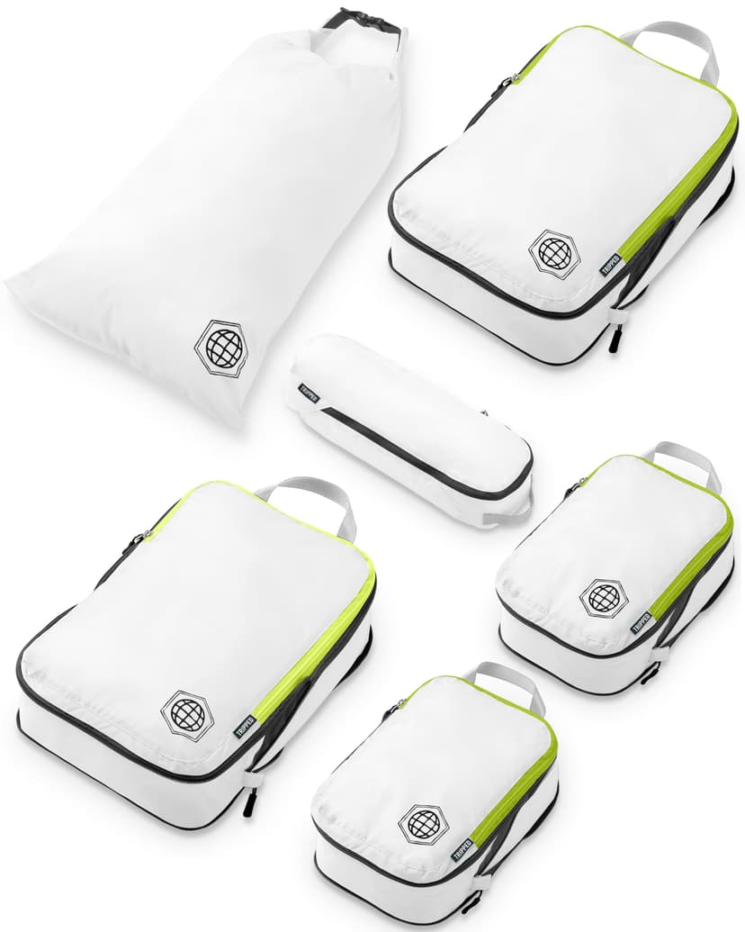 Compression Packing Cubes 6 Piece Set for Carryon Suitcases- Lightweight, Durable Clothes Organizer (White and Green)